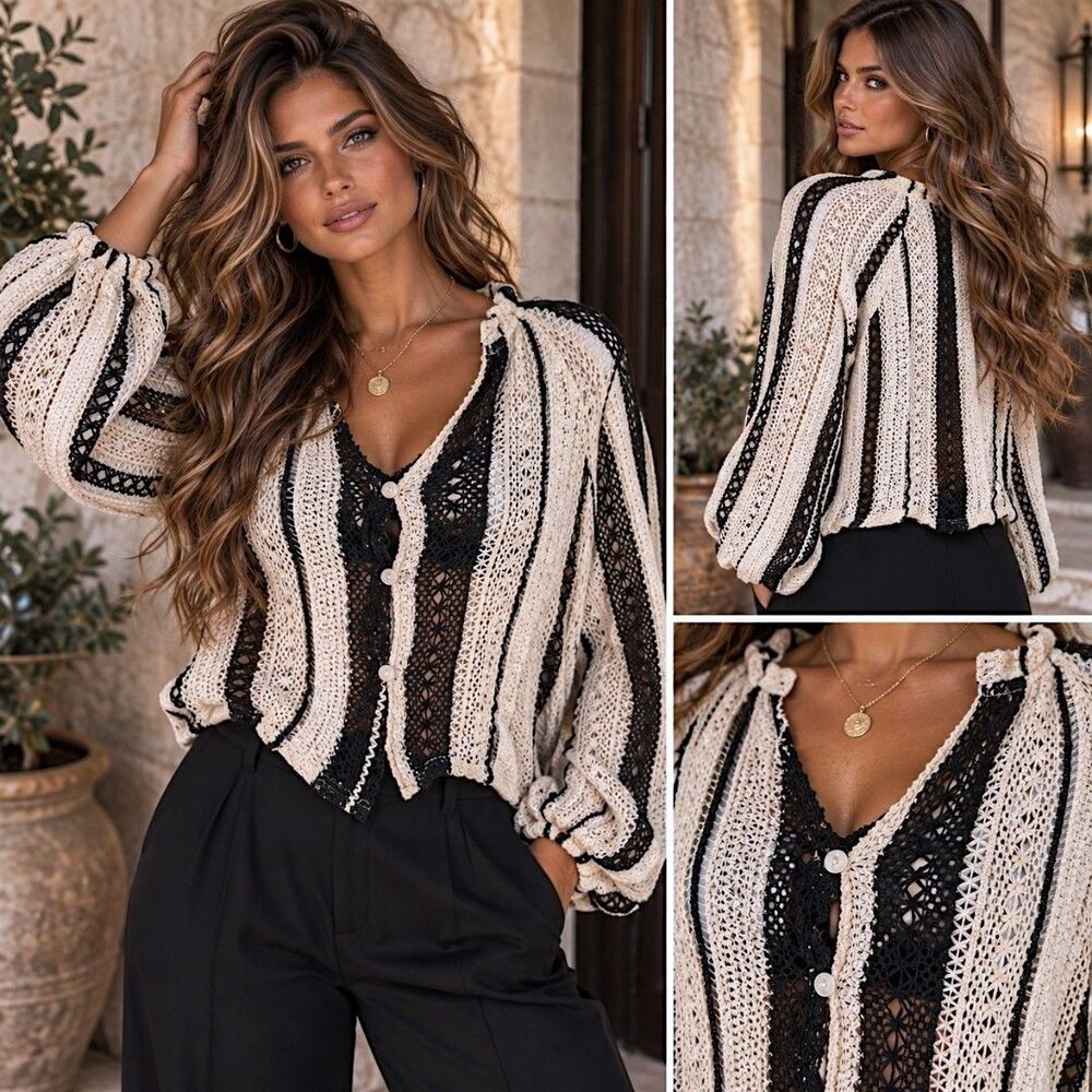 Boho Crochet Lace M Blouse Black Cream Sheer Balloon Sleeve Button Top Romantic